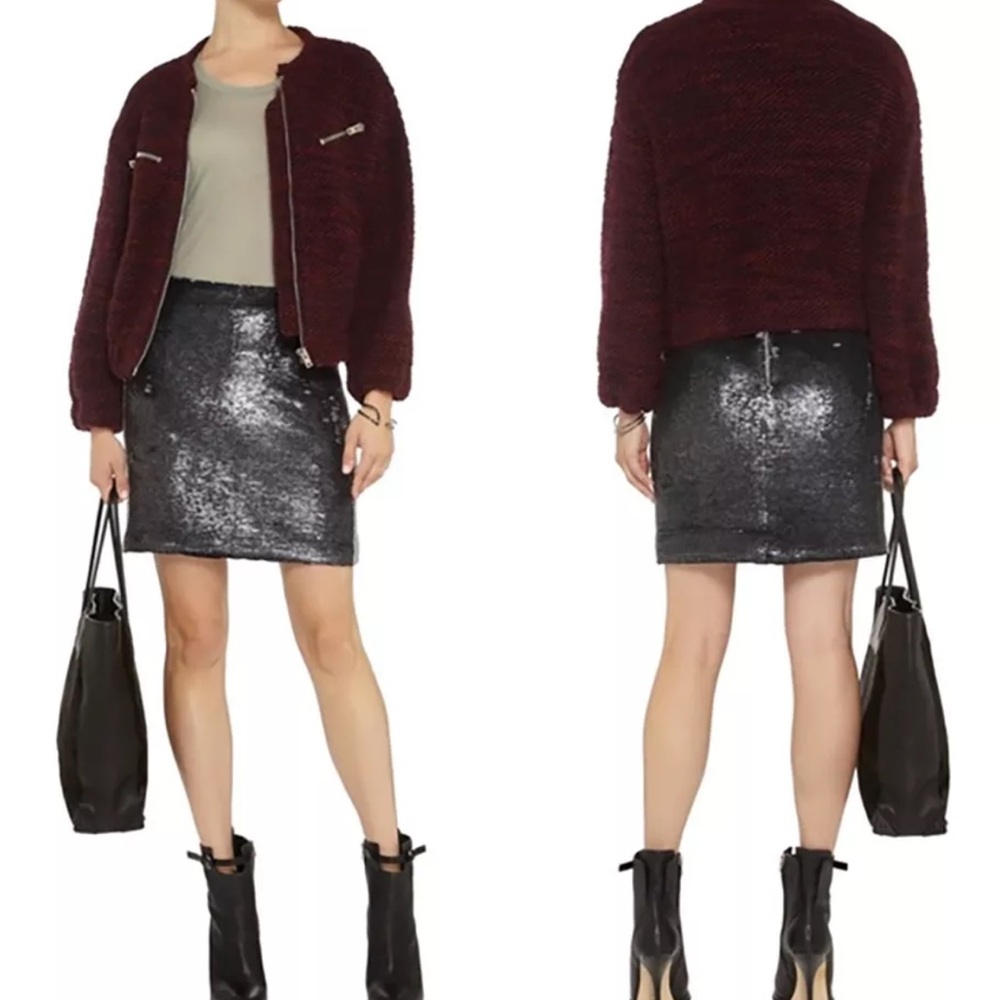 IRO Colinne Shimmer Sequin Metallic Black W/Red Side Stripe Lined Mini Skirt 2